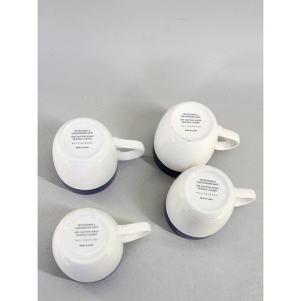 Pottery Barn Coffee Mugs Set of 4 White Navy Blue Ribbed Stoneware E - Picture 4 of 7